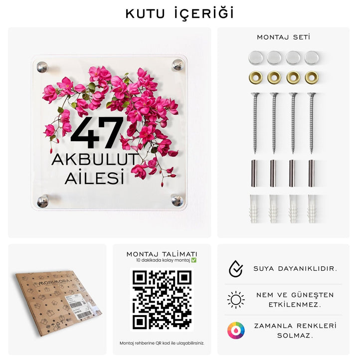 Kişiye Özel Begonvil Çiçekli Kapı İsimliği - morimora.com