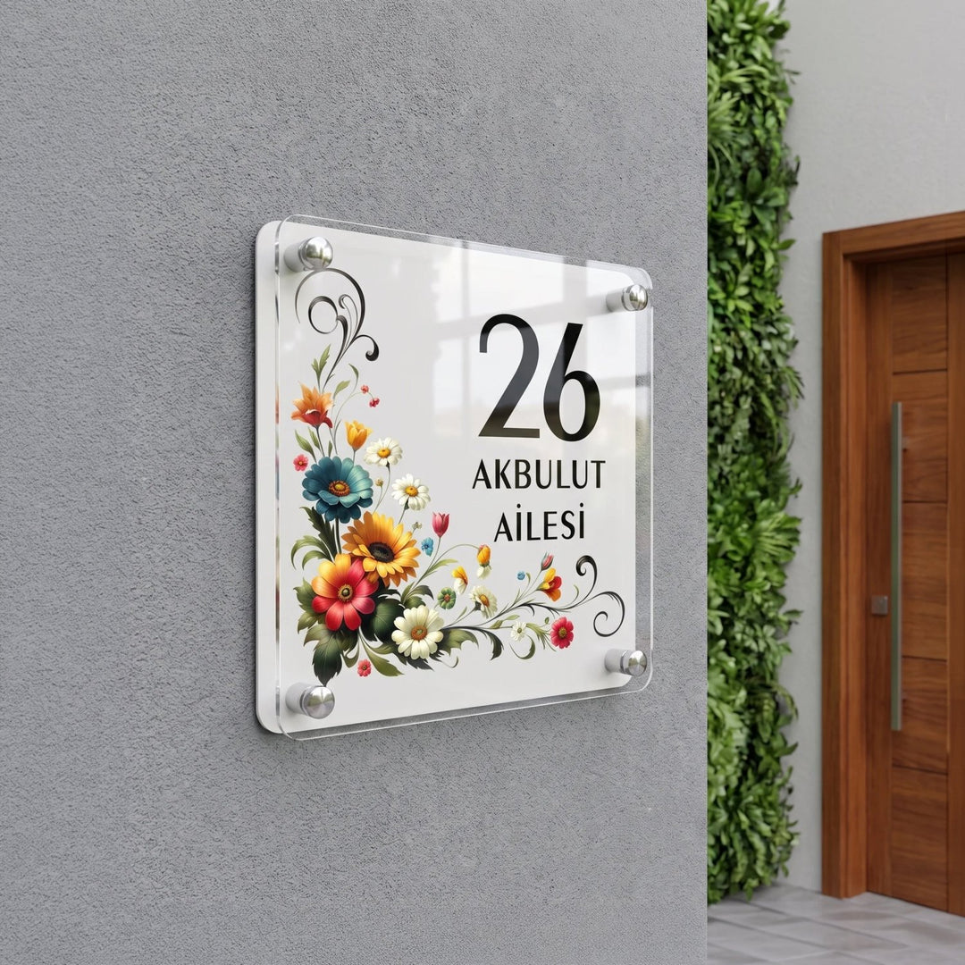 Kişiye Özel Çiçek Motifli Kapı Numarası ve Aile İsmi Tabelası - morimora.com