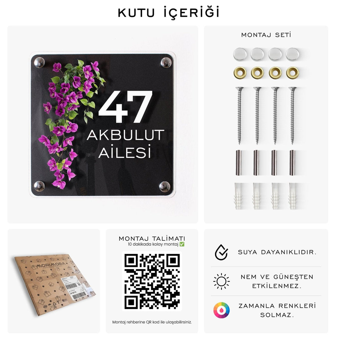 Kişiye Özel Mor Sarmaşık Çiçekli Kapı İsimliği - morimora.com