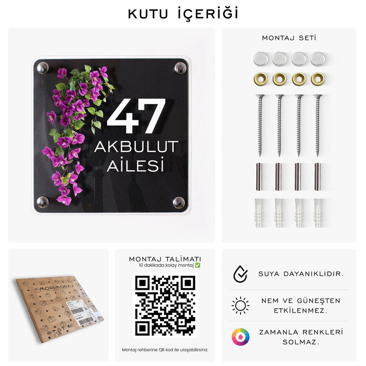 Kişiye Özel Mor Sarmaşık Çiçekli Kapı İsimliği - morimora.com