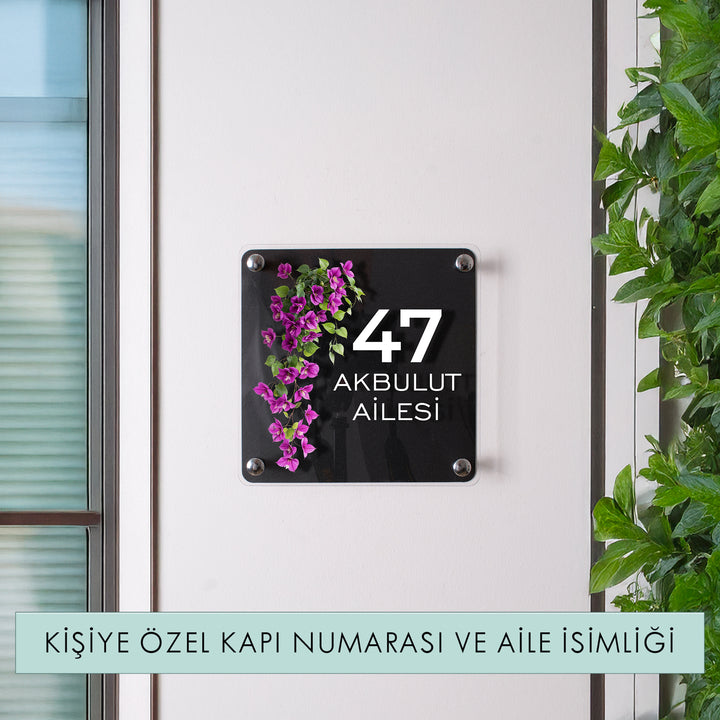 Kişiye Özel Mor Sarmaşık Çiçekli Kapı İsimliği