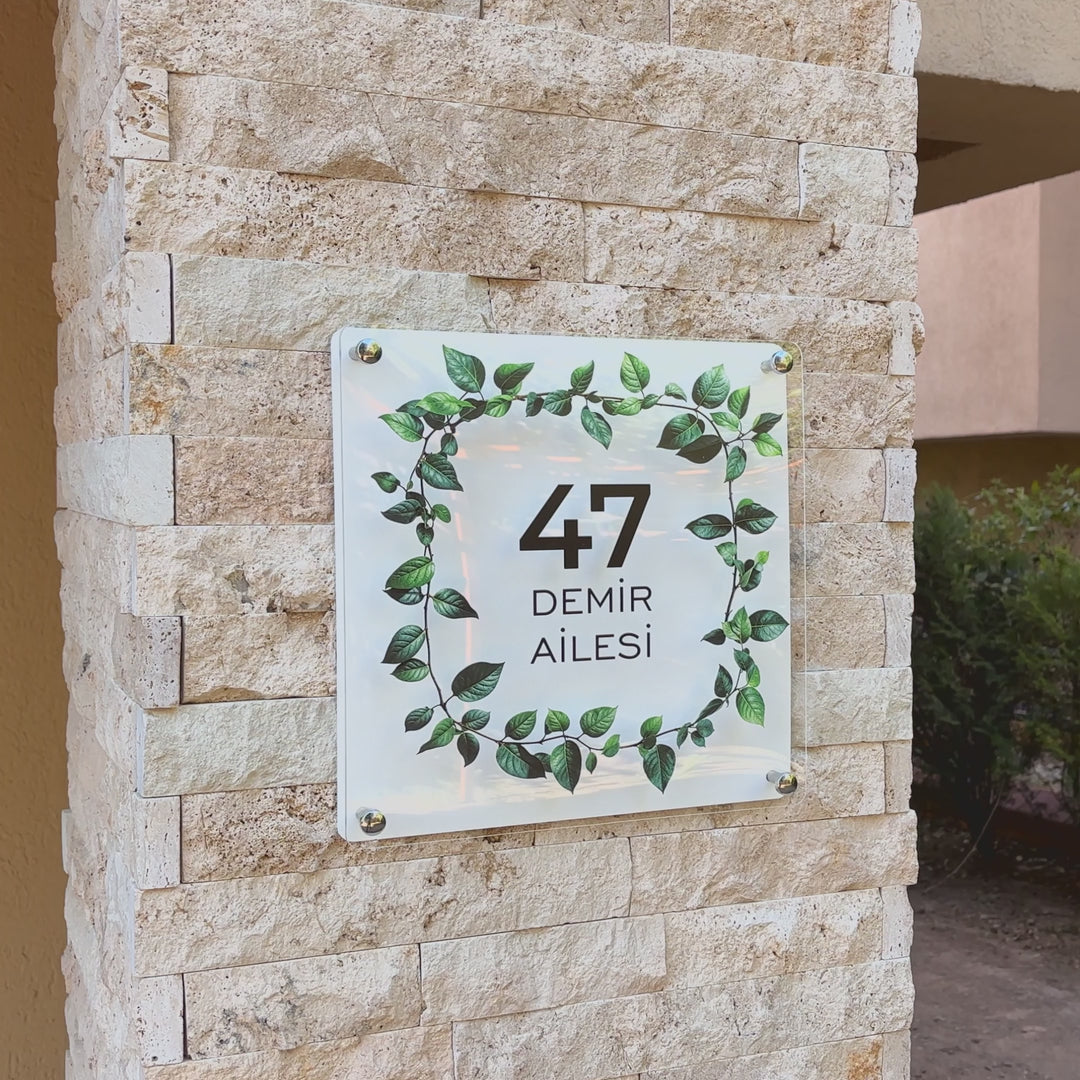 Kişiye Özel Yaprak Desenli Kapı Numarası ve Aile İsimliği