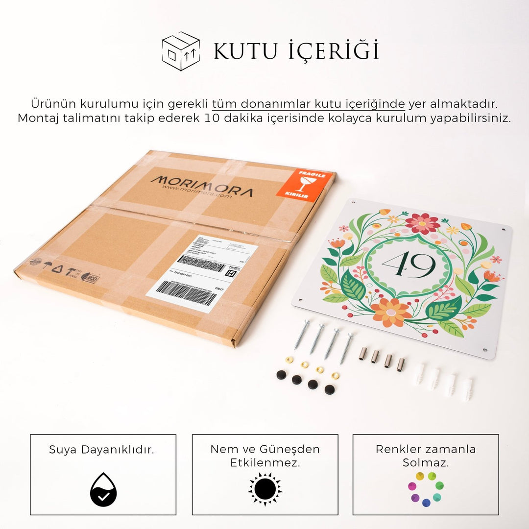 Renkli Çiçek Motifli Kapı Numarası Metal Tabela - morimora.com
