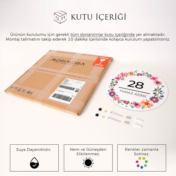 Renkli Çiçek Motifli Yuvarlak Kapı Numarası ve Aile İsmi Tabelası - morimora.com