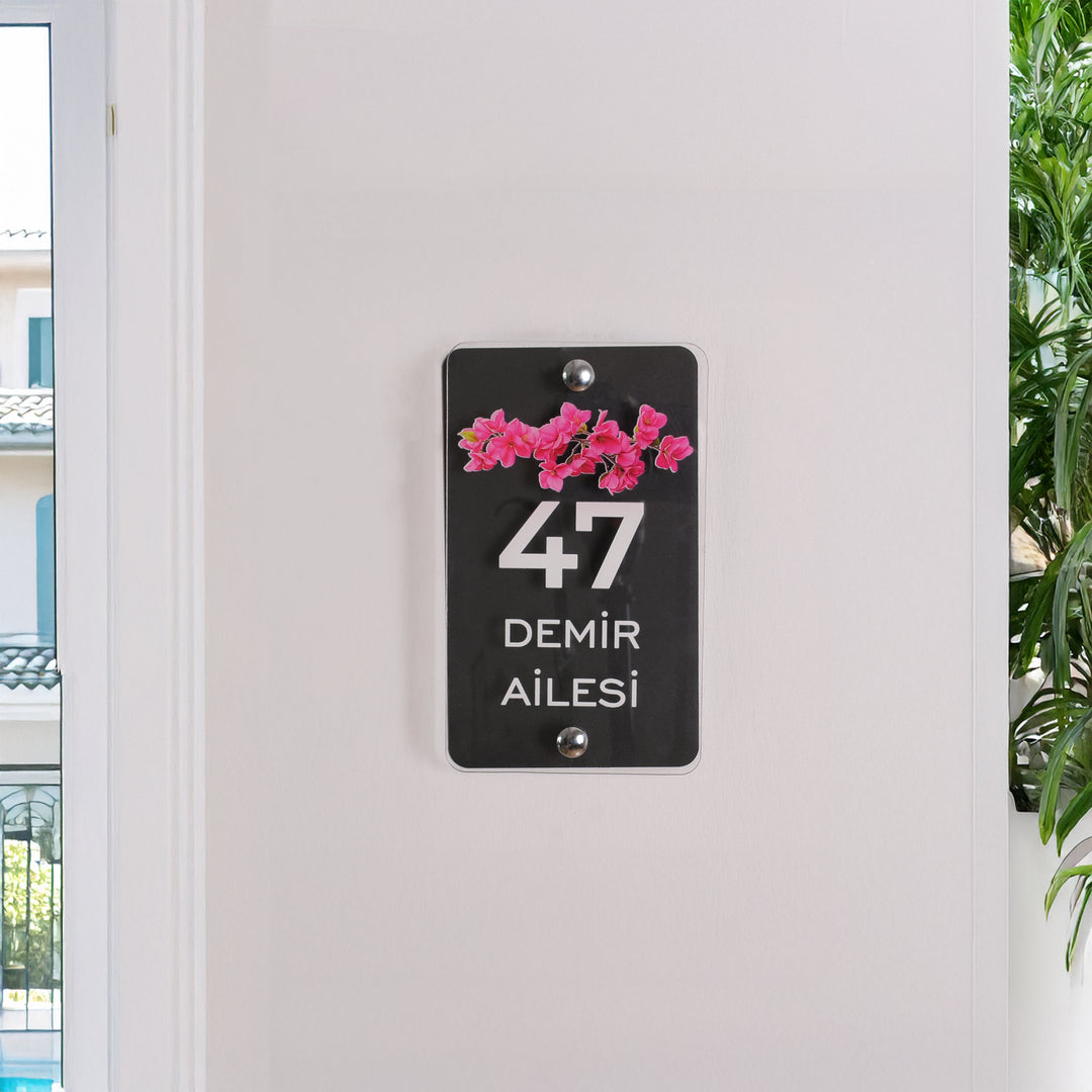 Kişiye Özel Şeffaf Pembe Çiçekli Kapı Numarası ve Aile İsimliği