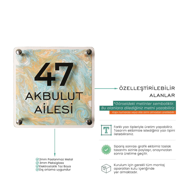 Yeşil Ebru Desenli Kapı İsimliği - morimora.com