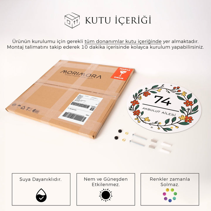 Yuvarlak Çiçek Motifli Kişiye Özel Kapı Numarası ve Aile İsmi Tabelası - morimora.com
